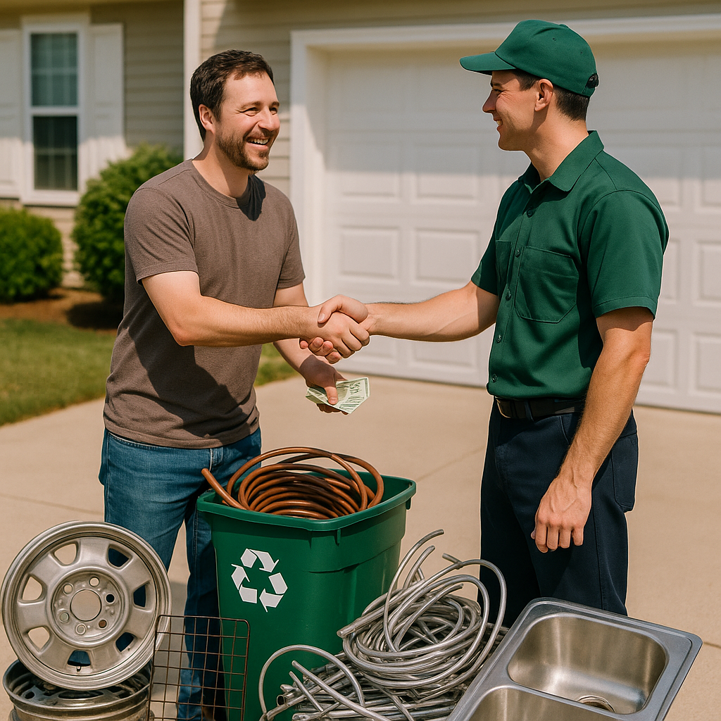 Happy homeowner receiving cash for scrap metal from recycling professional, shaking hands in driveway with sorted metal items nearby