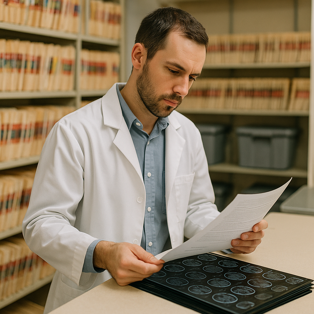 A healthcare professional in a lab coat reviews official documents beside stacks of MRI film in a medical records room.