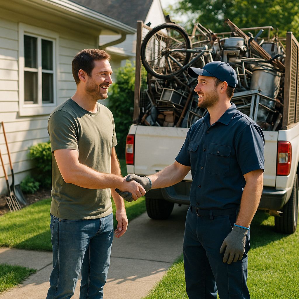 Homeowner and Scrap Pickup Team Homeowner shaking hands with mobile scrap pickup team beside loaded truck in a clean yard, showing satisfied expressions.