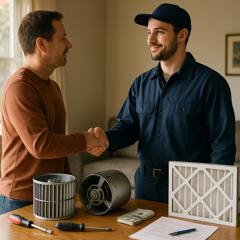 Homeowner and Technician Handshake Homeowner and technician shaking hands next to cleaned HVAC parts and cash payment on table