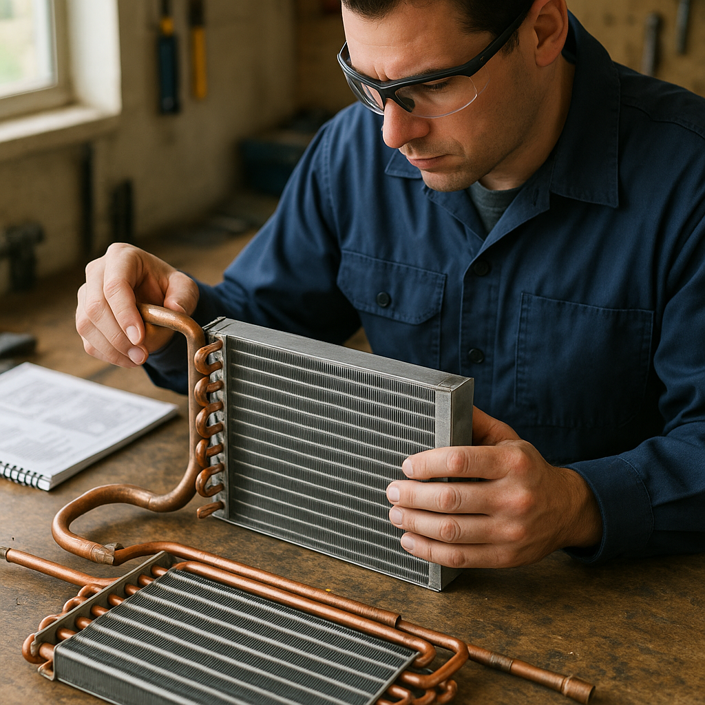 Close-Up of HVAC Technician Inspecting Unit Parts Technician inspecting HVAC unit parts like copper tubing and metal coils on a workbench.