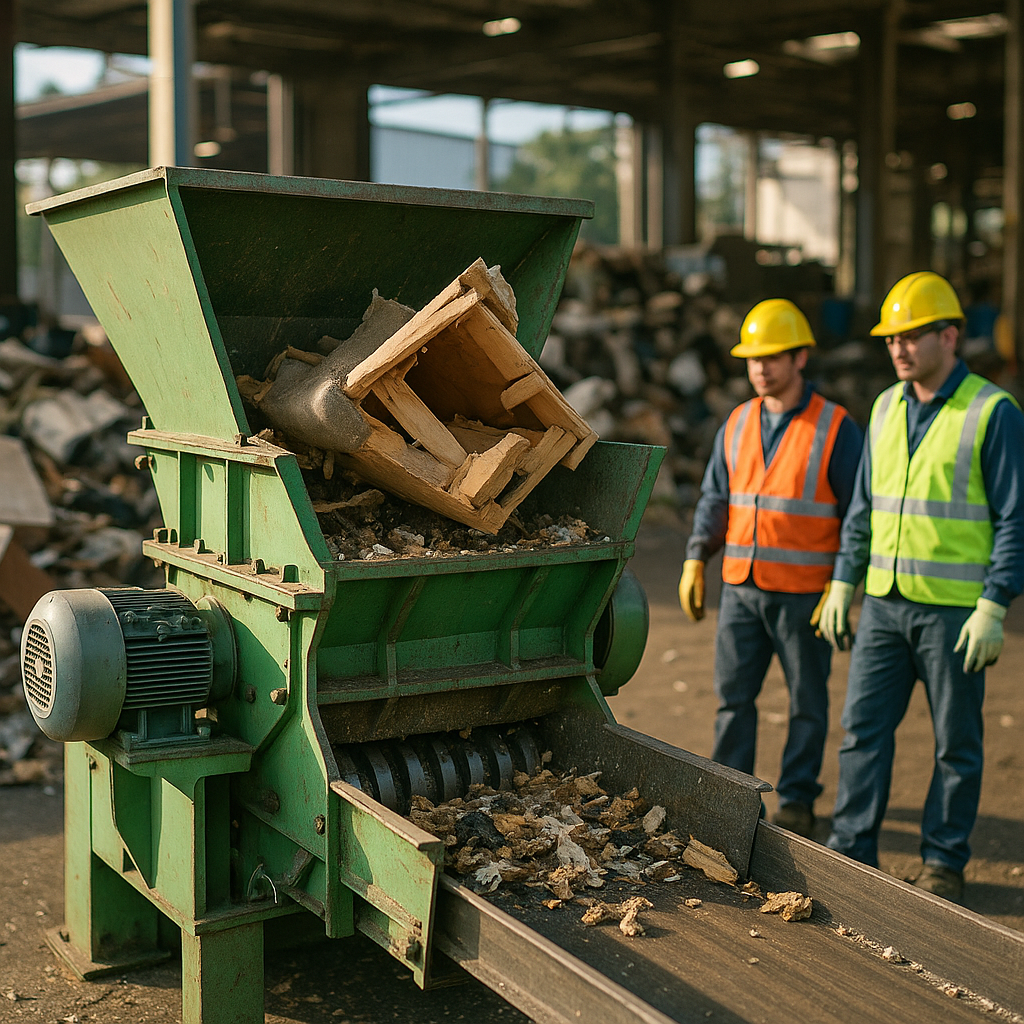 Large industrial shredder processing discarded furniture at a waste management plant with workers in safety gear overseeing the process.