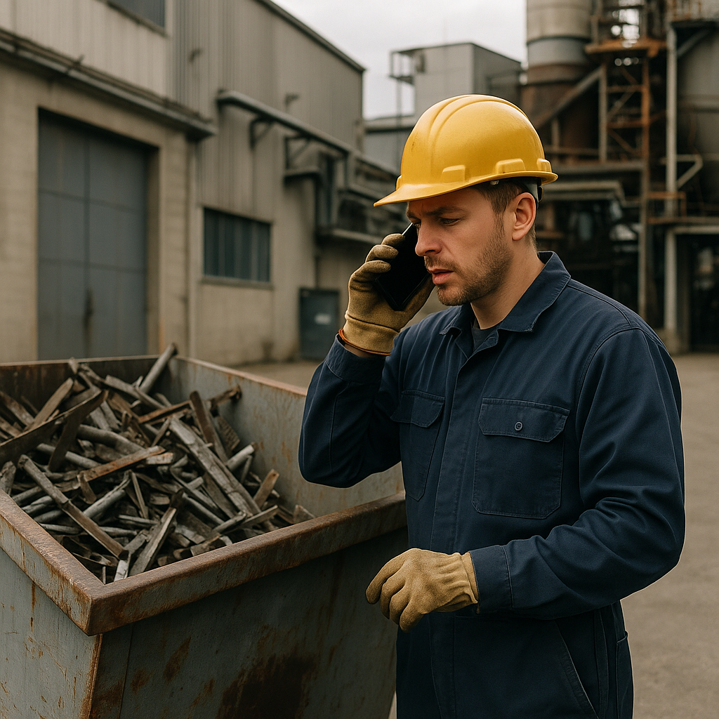 Large metal container outside an industrial facility with a worker on the phone. Scrap metal is visible and the sky is overcast.