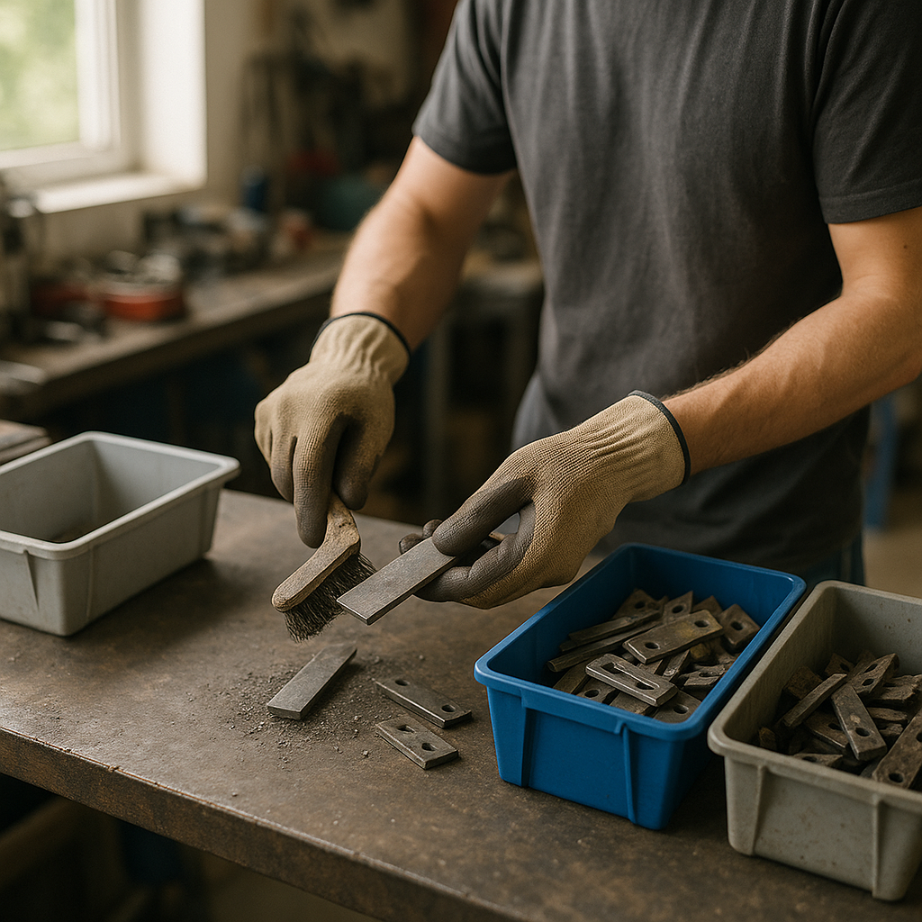 Person wearing work gloves cleaning and sorting metal pieces on a sturdy workbench.