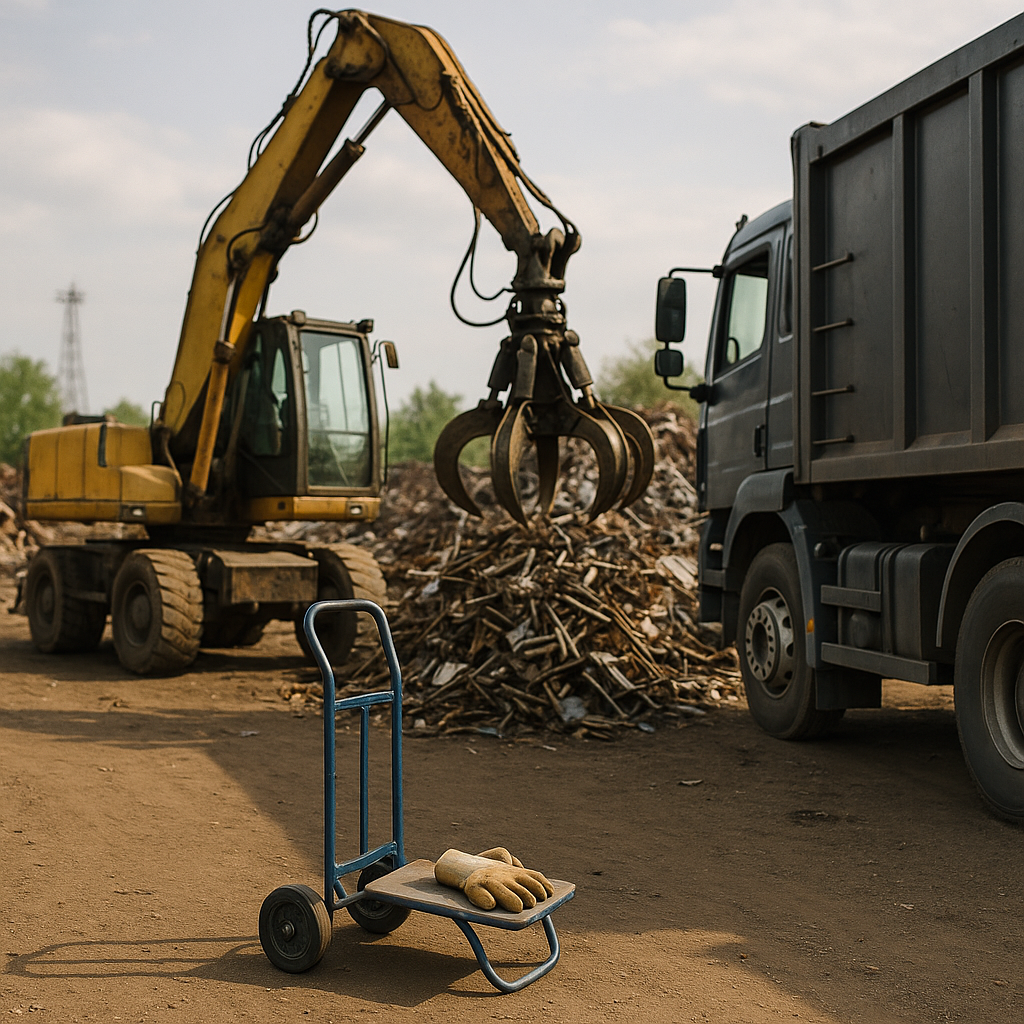 Metal Scrap with Crane and Truck A pile of metal scrap next to a lifting crane, dolly, protective gloves, and a heavy-duty truck on-site.