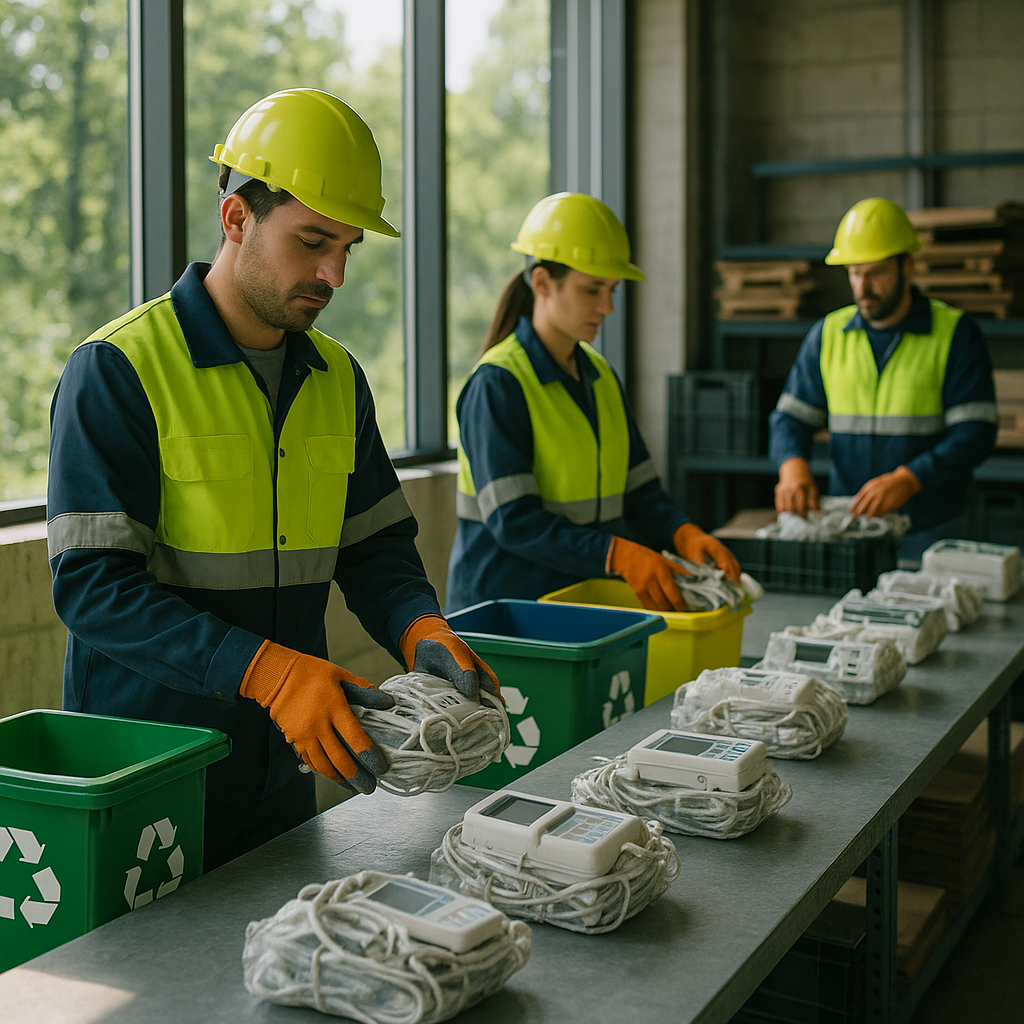 Modern recycling facility with neatly packed medical equipment for processing, workers sorting devices, and greenery indicating sustainable practices.