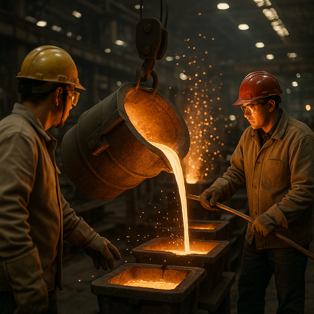 Molten steel being poured into molds at a steel mill with factory workers supervising.