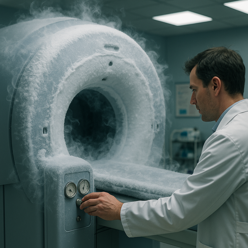 Close-up of an MRI machine surrounded by frost and vapor, with a technician checking pressure gauges.