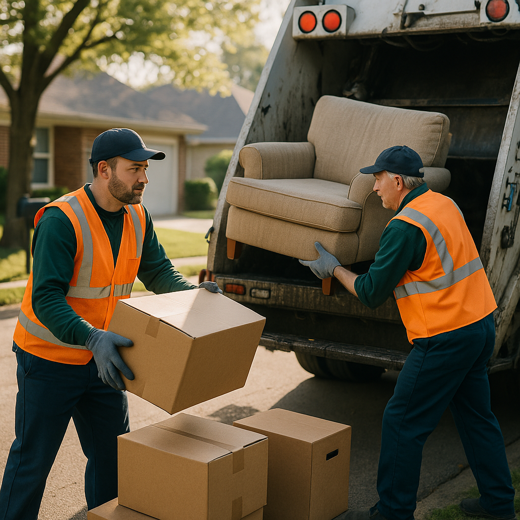 Municipal workers loading old furniture and boxes into a large city sanitation truck outside a suburban home