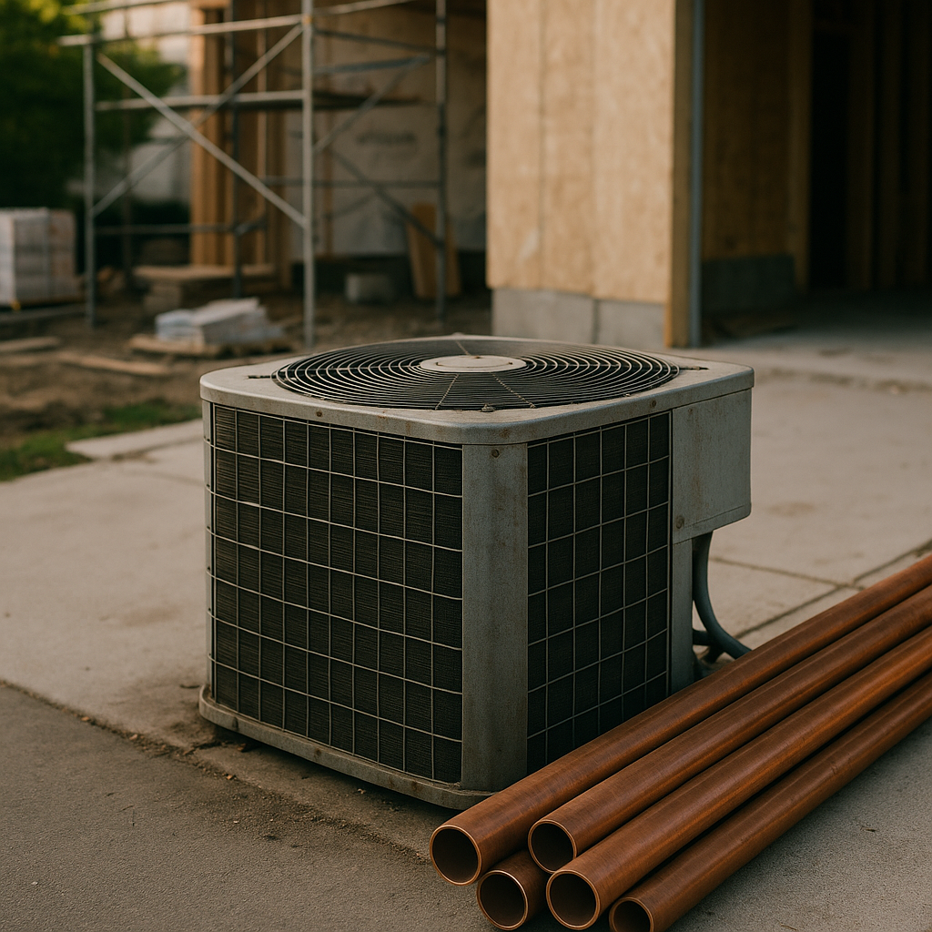 Old HVAC unit and copper pipes stacked in a driveway beside a house under construction.