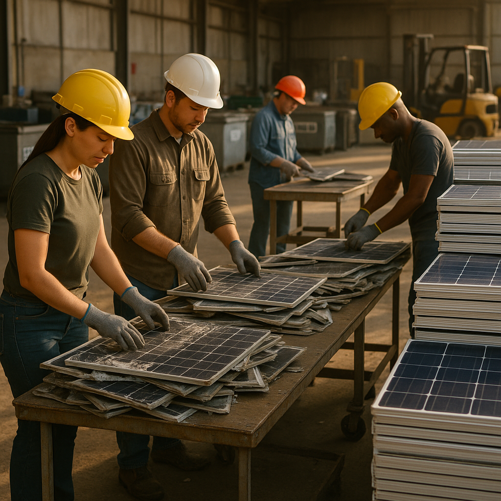 Piles of old solar panels alongside new recycled materials, with workers inspecting and sorting.