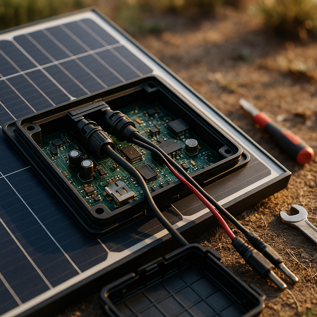 Close-up of an open solar panel highlighting valuable components inside, surrounded by glowing light.