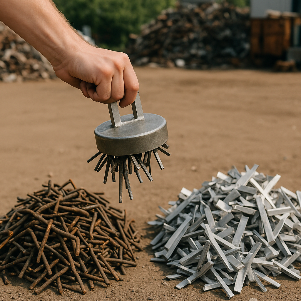 Person holding a metal magnet over two piles of metal scrap; magnet attracts steel but not aluminum.