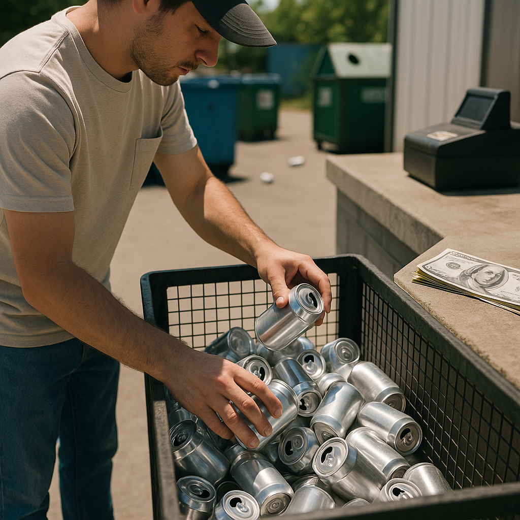 Person loading clean, sorted aluminum cans into a recycling center bin on a sunny day.