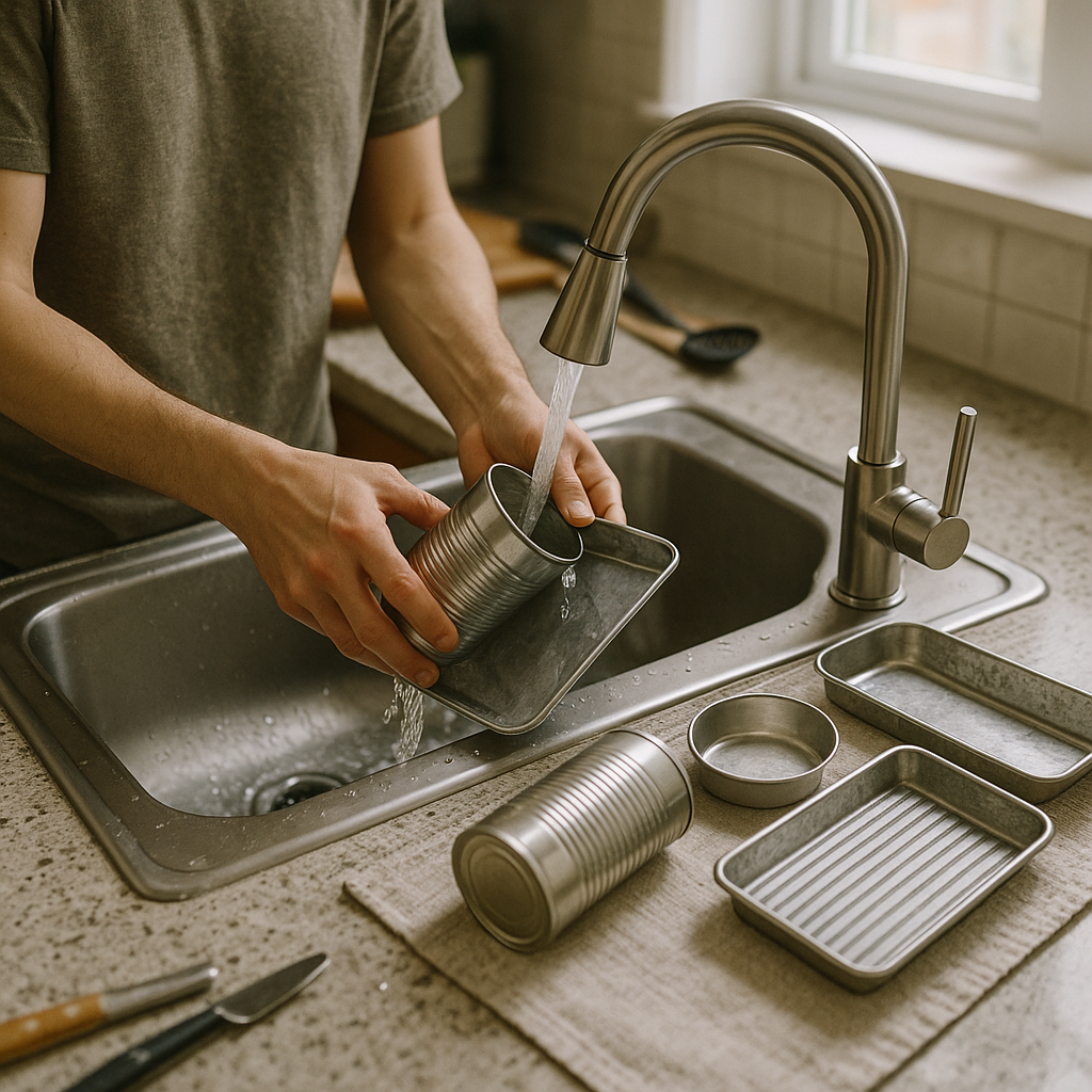 Person Rinsing Metal Cans Under Kitchen Faucet A person rinsing metal cans and trays under a kitchen faucet, with clean metal drying on a towel in bright natural light.