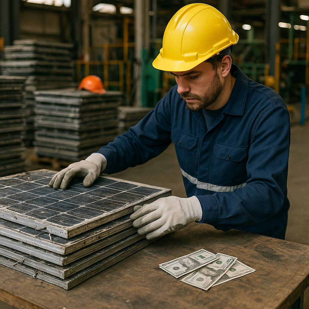 A recycling facility worker inspects stacks of old solar panels with visible currency notes nearby in an industrial setting.