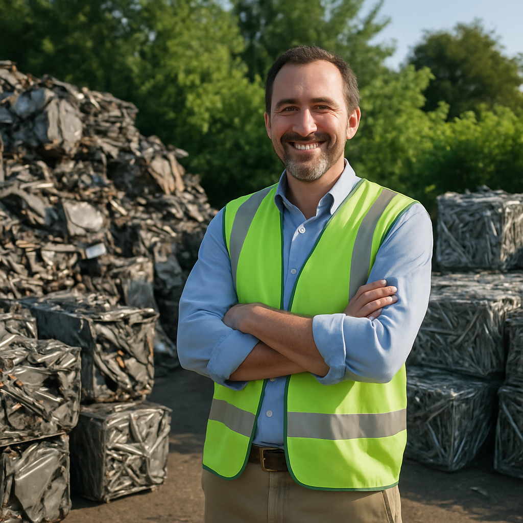 Smiling recycling facility manager standing by sorted metal piles with green plants in background, conveying profit and environmental benefits