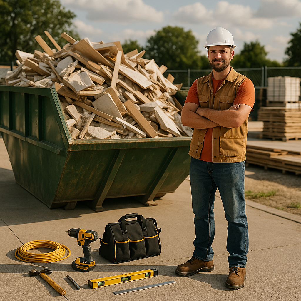 Satisfied contractor standing beside a filled dumpster ready for pickup with a clean site and organized tools in the foreground.