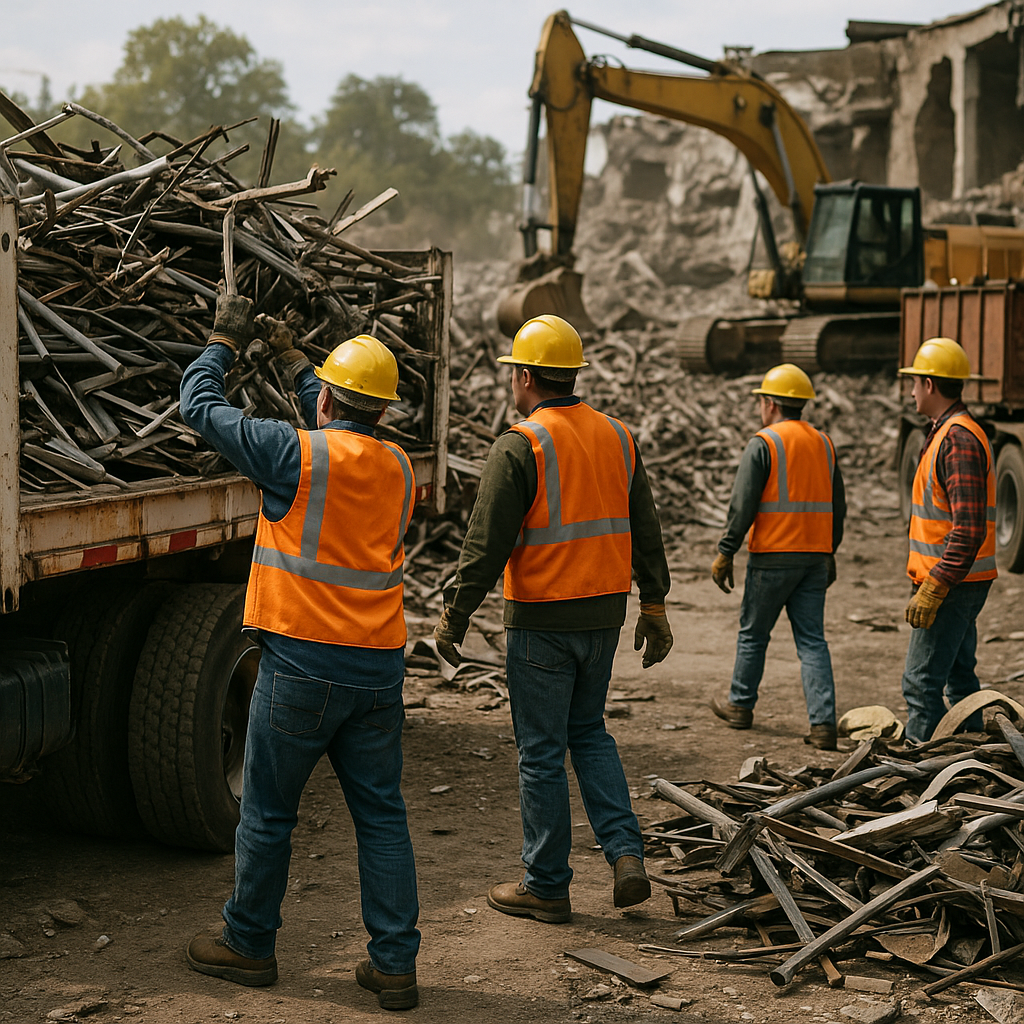Scrap buyers loading metal debris onto large trucks at an active demolition site with workers in safety vests and machinery in the background.
