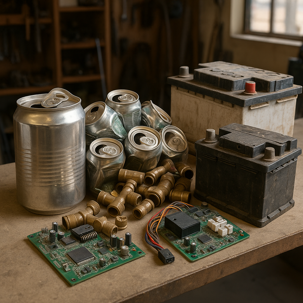 Collection of different scrap items including aluminum cans, brass fittings, electronics, and car batteries arranged on a workshop table with daylight streaming in.