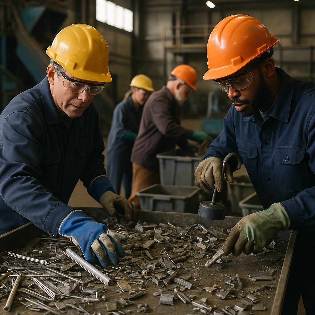 Workers sorting different types of scrap metal by hand and with magnets in a recycling facility, with metal fragments and bins visible in an industrial background.