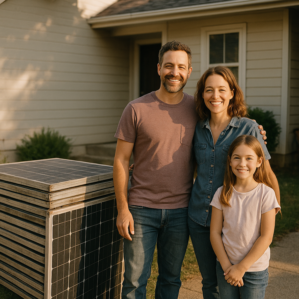 Smiling family standing next to neatly stacked old solar panels ready for pick-up, with home in background during sunset.