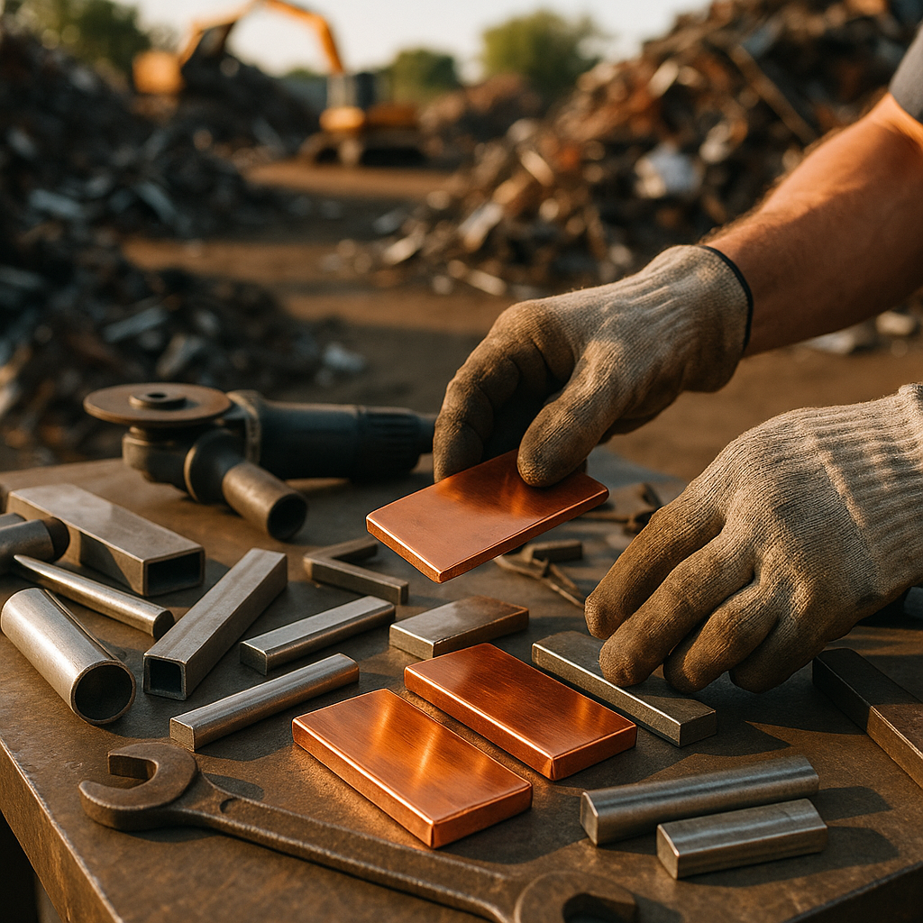 Sorting Metal Pieces on Workbench Close-up of hands sorting various metal pieces including shiny copper, aluminum, and steel on a workbench with a scrap yard in the background.