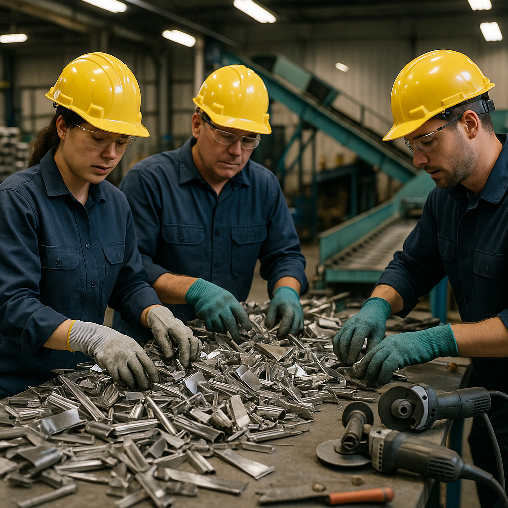 Workers sorting and cleaning piles of stainless steel scrap in a recycling facility with metal-cutting tools and conveyor belts in a bright warehouse setting.