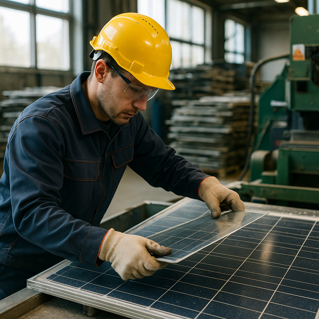 Technician in safety gear dismantling old solar panels to extract materials in a bright recycling facility.
