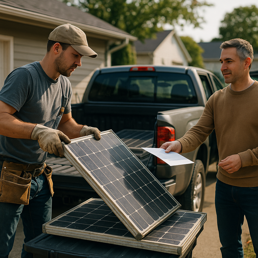 Technician loading used solar panels onto a truck while a homeowner hands over paperwork for payment in a suburban driveway during daylight.