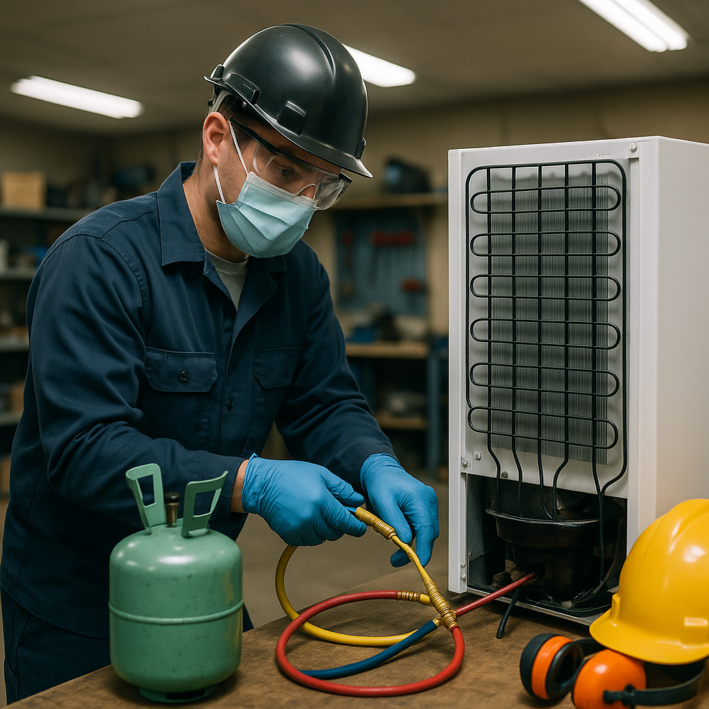 Technician in gloves and protective gear removing refrigerant from a refrigerator in a workshop with safety equipment visible.