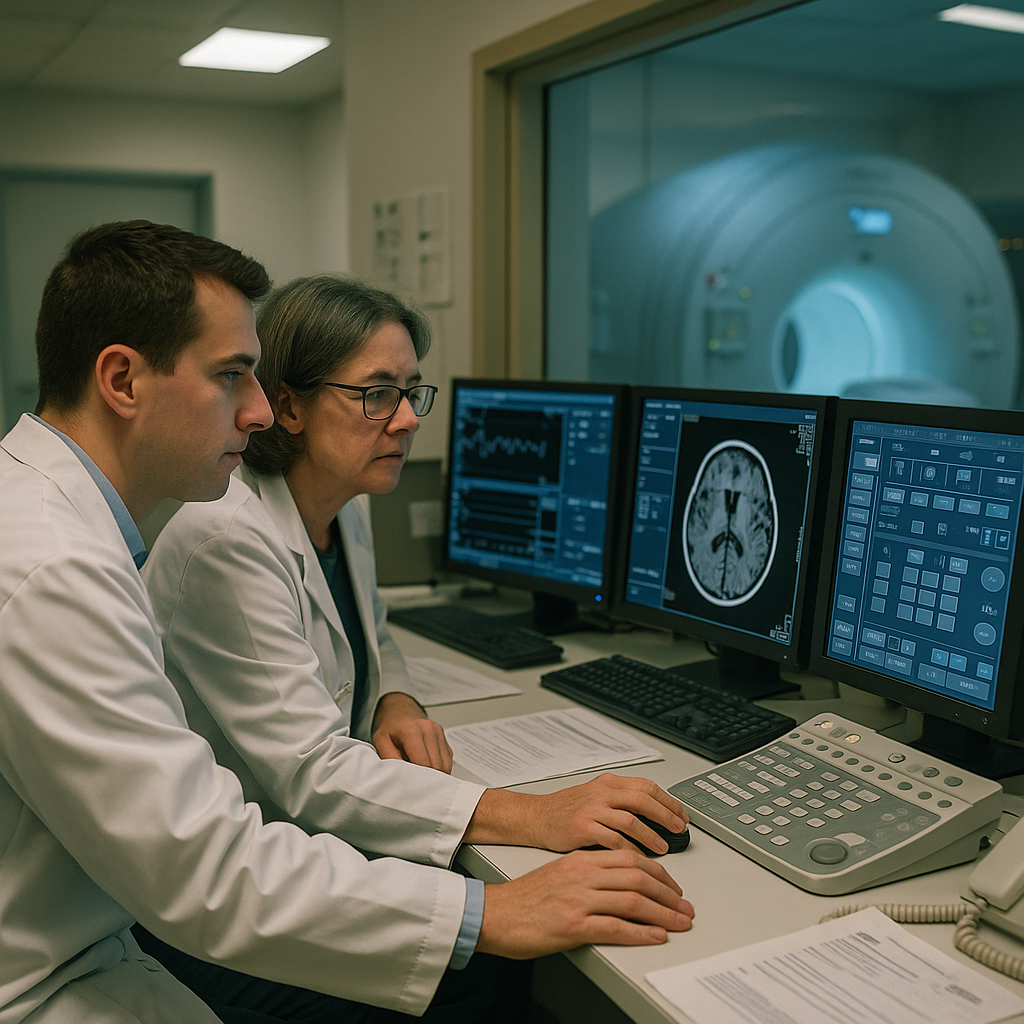 Technicians monitoring MRI control panels in a quiet hospital room with glowing digital displays.