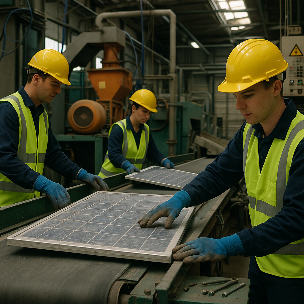 Technicians wearing safety gear operating recycling machines and feeding old solar panels onto conveyor belts in an industrial facility.