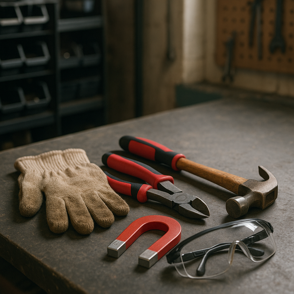Assortment of tools on a sturdy workbench including gloves, wire cutter, hammer, magnet, and safety goggles arranged neatly.