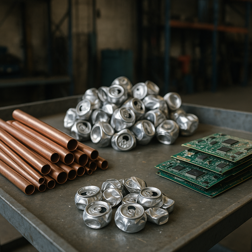 Various valuable scrap metals including copper pipes, aluminum cans, and electronic circuit boards arranged on a sorting table with natural warehouse lighting.