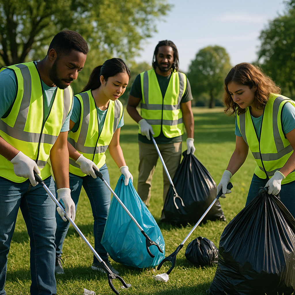 Group of diverse volunteers in safety vests picking up litter in a local park with filled trash bags nearby.