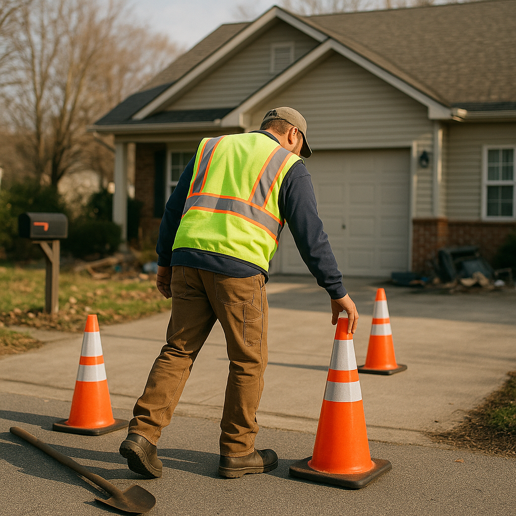 A worker clearing a driveway and marking space with safety cones for a large dumpster delivery outside a residential house.