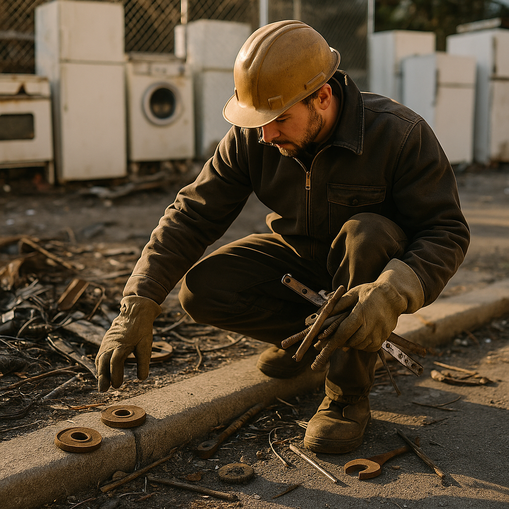 Worker Collecting Metal Objects in Junkyard A worker collecting metal objects from a junkyard, surrounded by discarded appliances.
