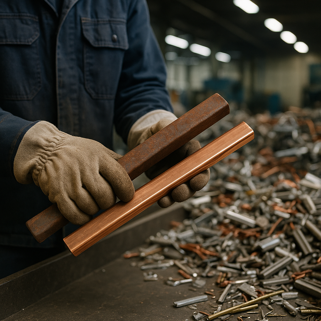 Close-up of a worker holding two metal bars, one rusty iron and one shiny copper, over a sorting table in a recycling facility.