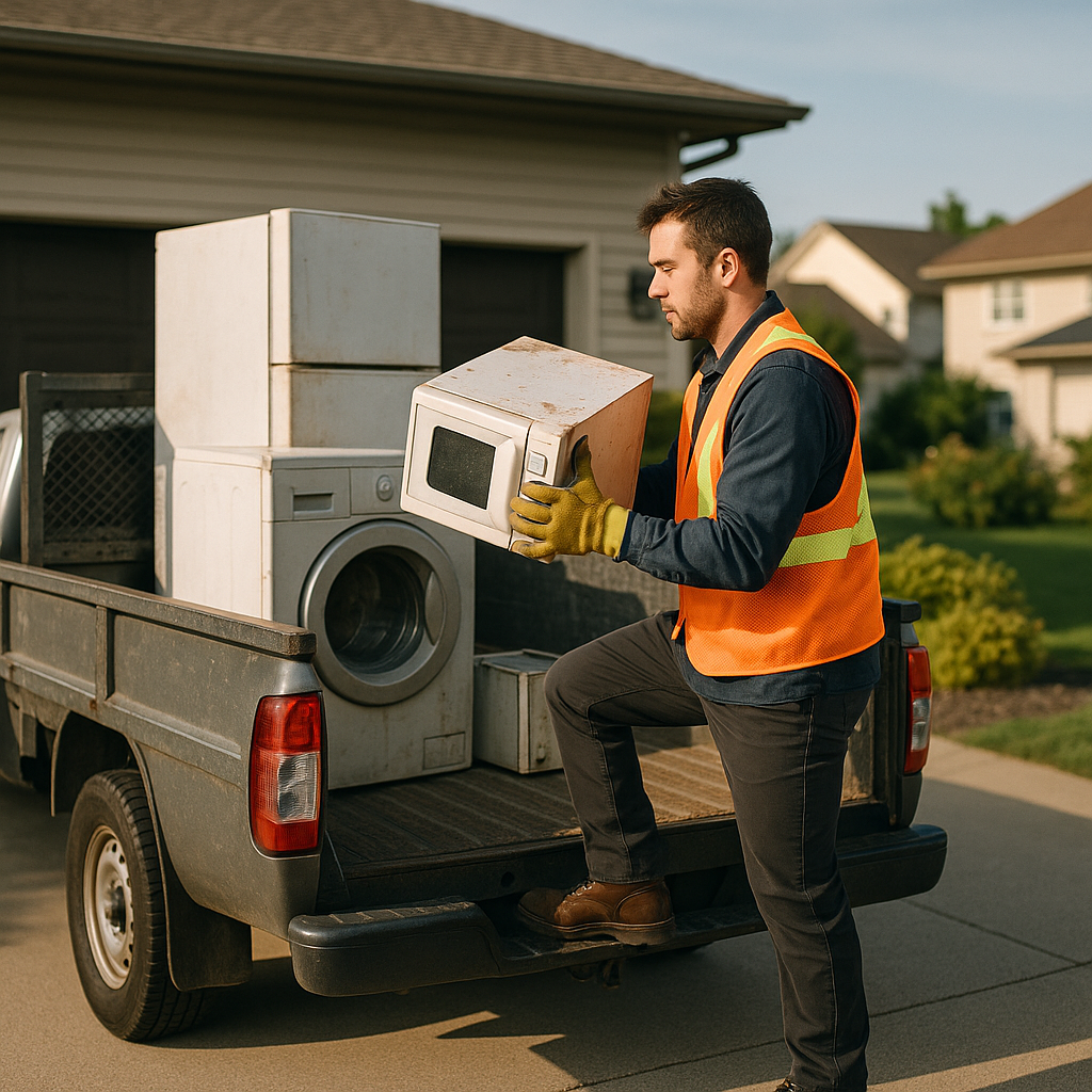 Worker in a safety vest loading old metal appliances onto a truck outside a suburban home during daylight.