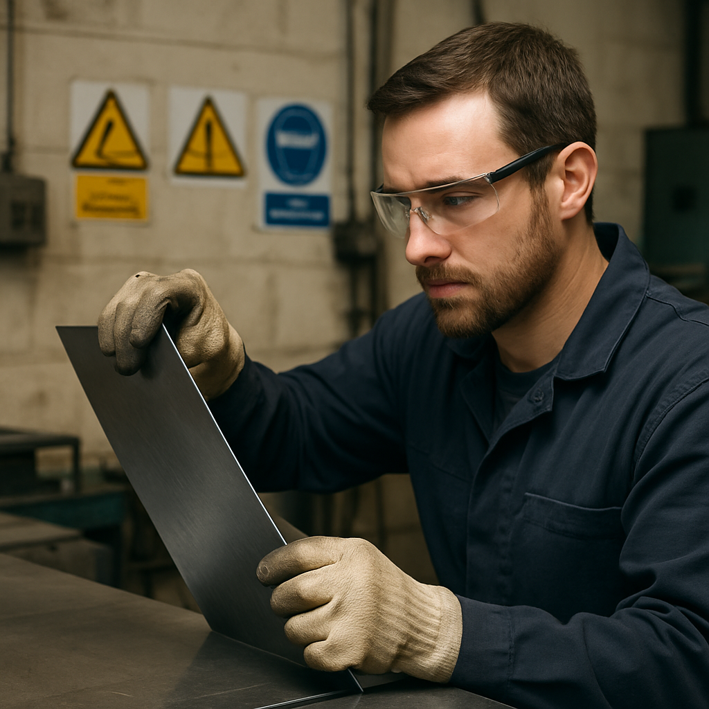 Worker wearing safety gloves and goggles carefully lifting a sharp metal sheet in an industrial setting, with warning signs visible.