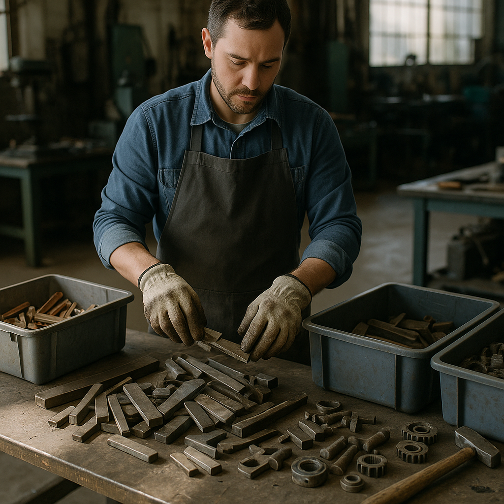 Worker sorting and cleaning metal scrap pieces on a workshop table with organized bins in an industrial setting with bright daylight.