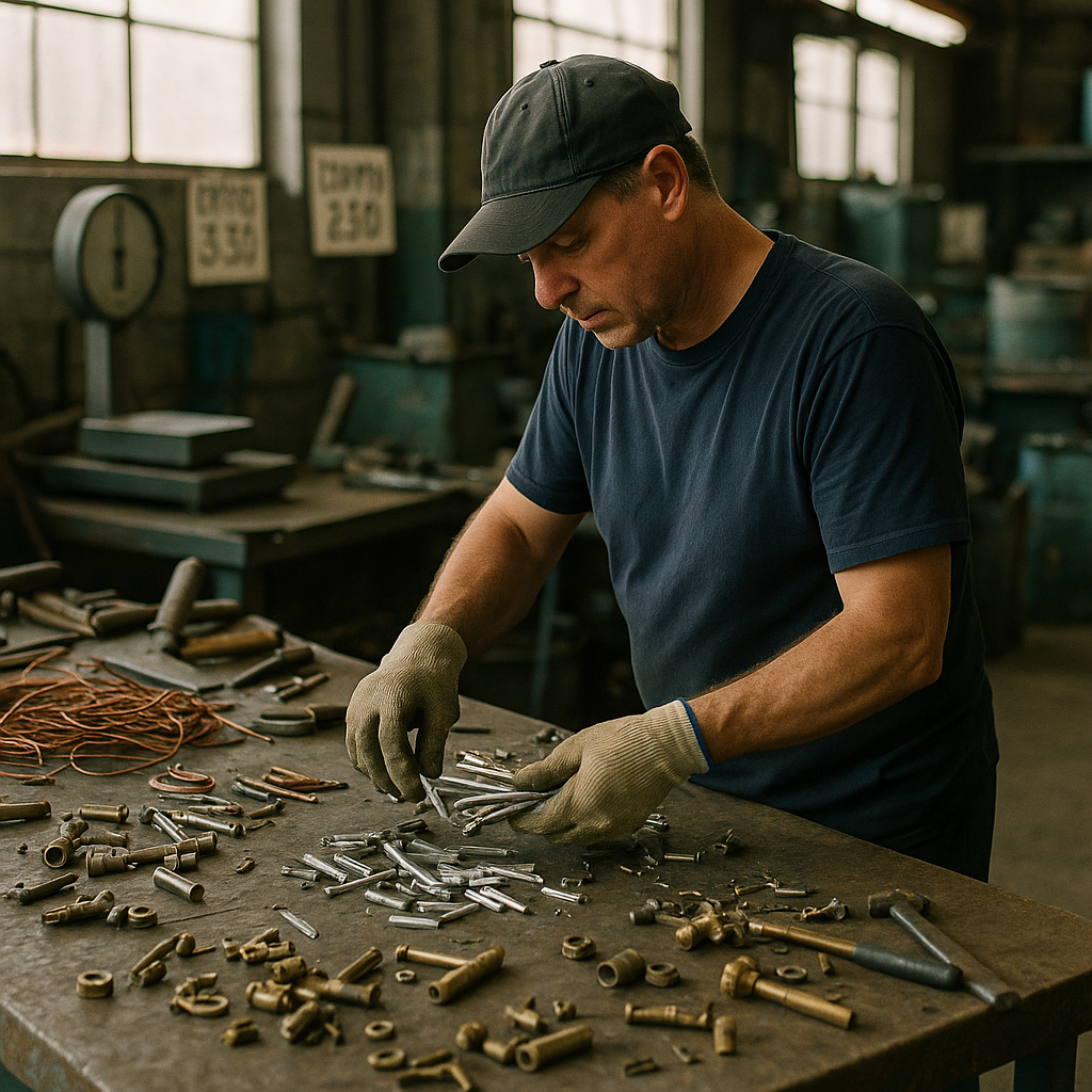 Worker using gloves to separate and sort different metals on a sorting table with scales and price tags nearby.