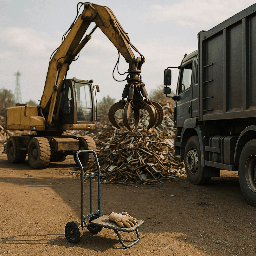 Industrial grapple crane loading scrap metal into a collection truck in Dallas, TX