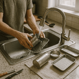 Person rinsing metal cans under the kitchen faucet, preparing recyclable materials in Dallas, TX