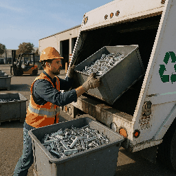 Worker loading clean sorted metal scraps into recycling truck bin with safety gear, Dallas, TX