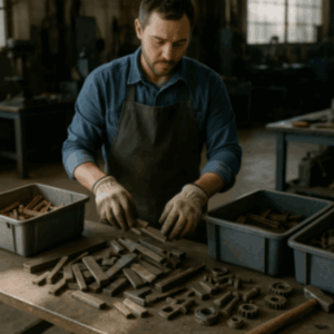 Worker sorting and organizing metal scrap components on a workbench in Dallas, TX
