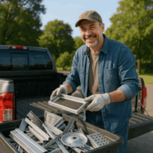 Homeowner loading sorted aluminum scrap into a pickup truck for recycling in Dallas, TX
